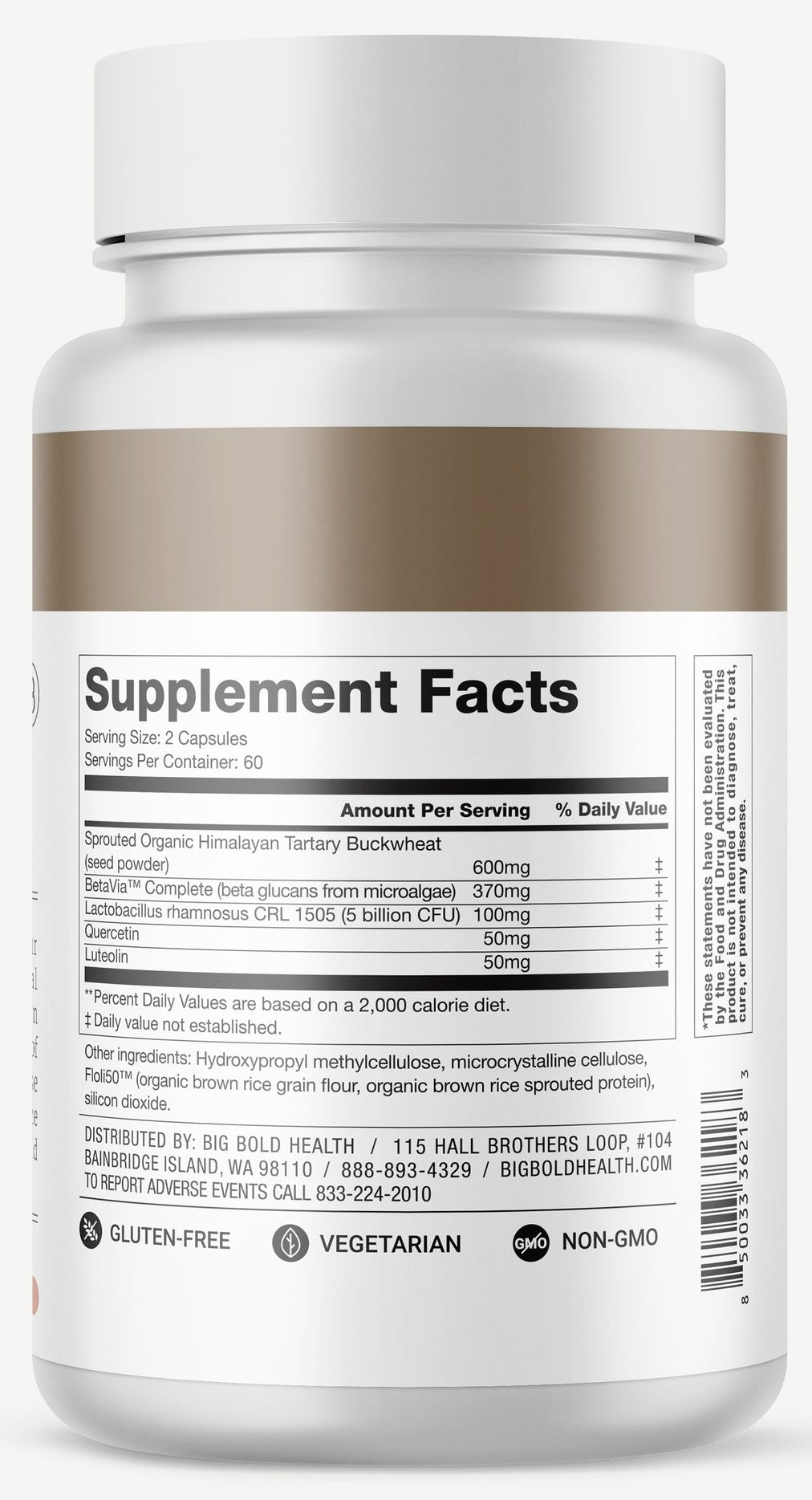 Label image of dietary supplement facts detailing ingredients, serving size, and health badges.