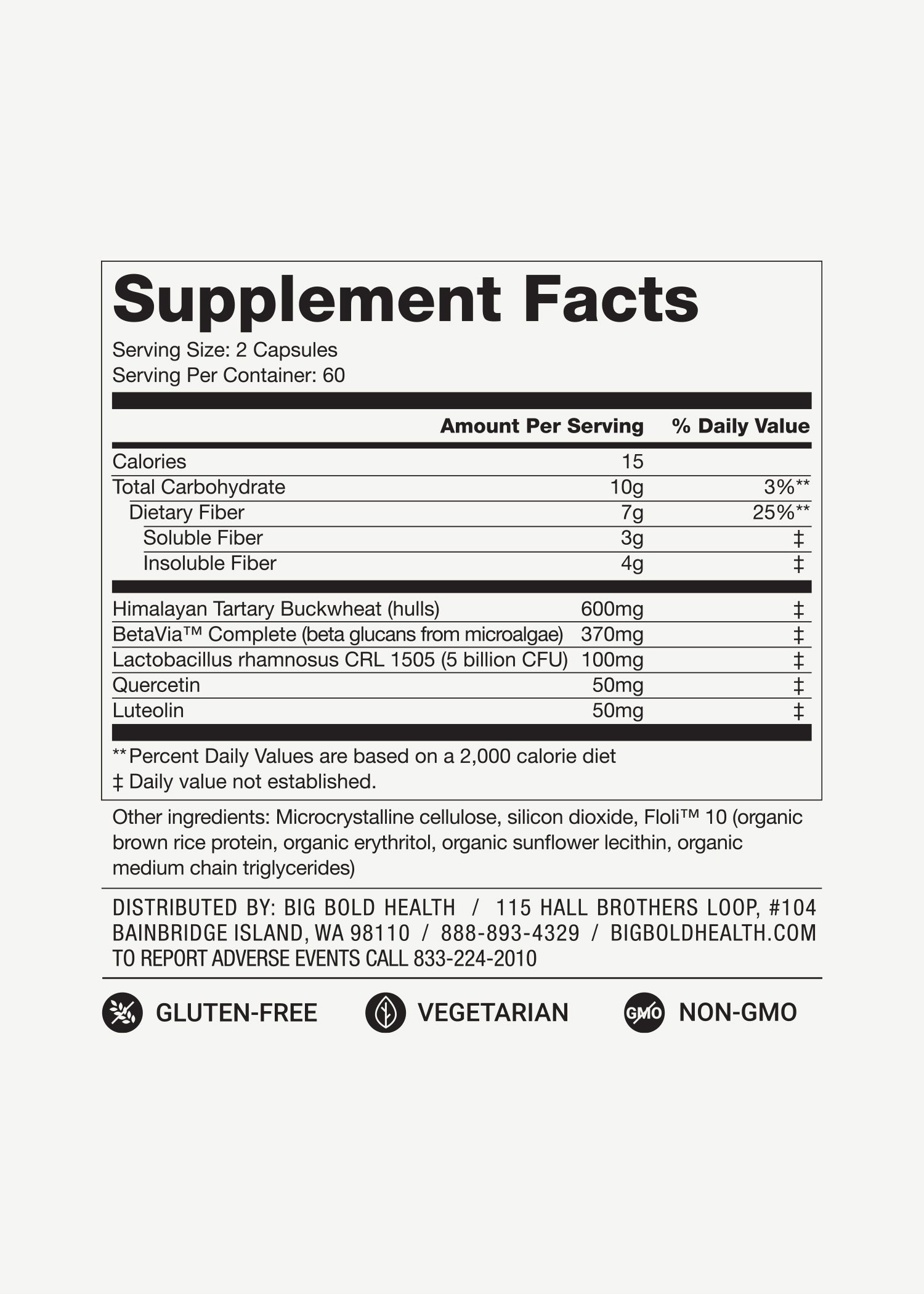 Label image of dietary supplement facts detailing ingredients, serving size, and health badges.